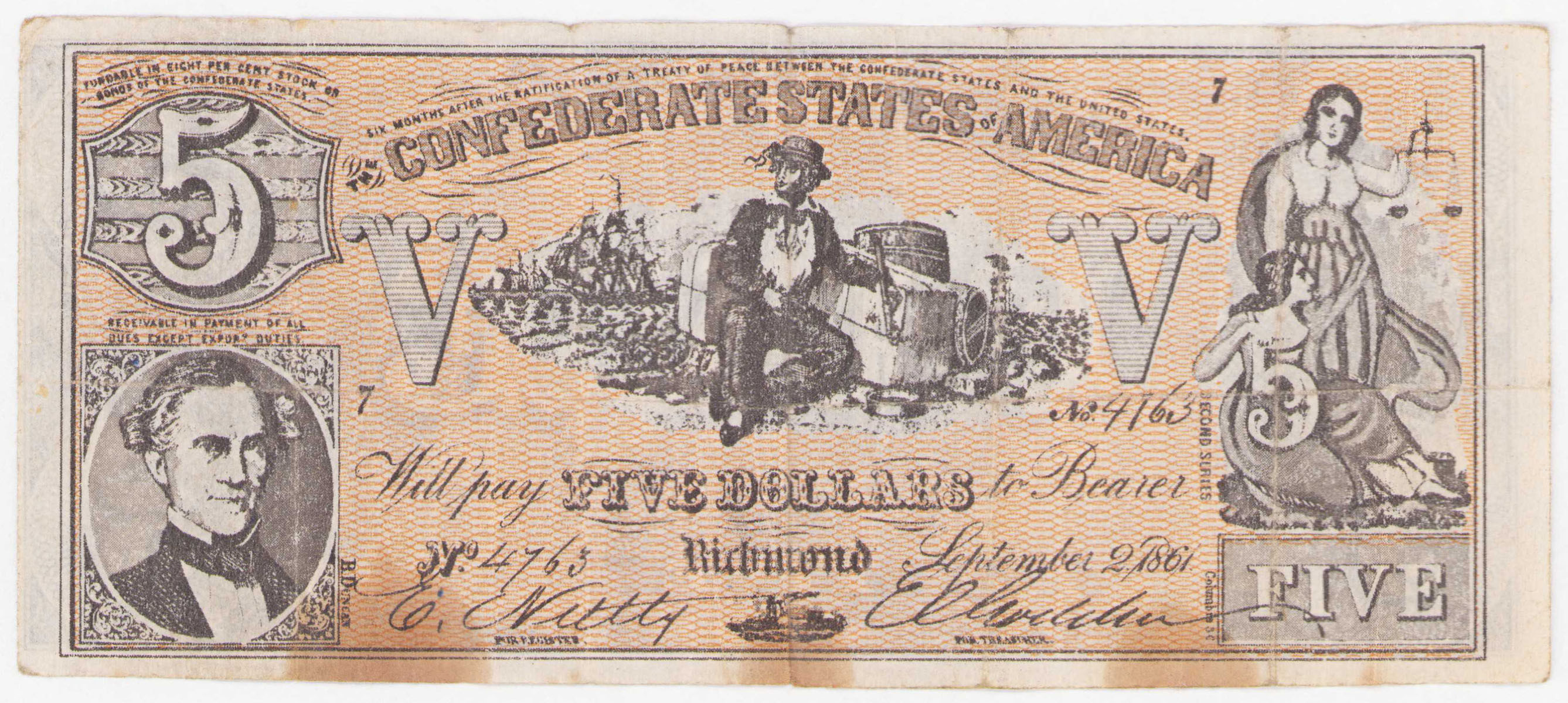 USA, Confederate States of America Richmond. 5 dolarów 1861